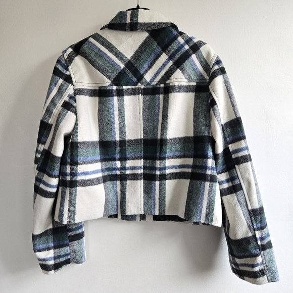 New Zara Plaid Patch Pocket Ecru/Green Shacket Jacket NWT - Picture 10 of 11